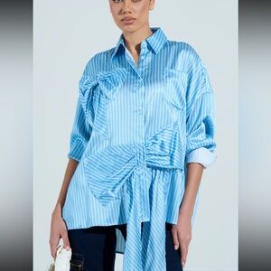 AKIRA Sky Blue Striped Bow Shirt Oversized Chic Fit